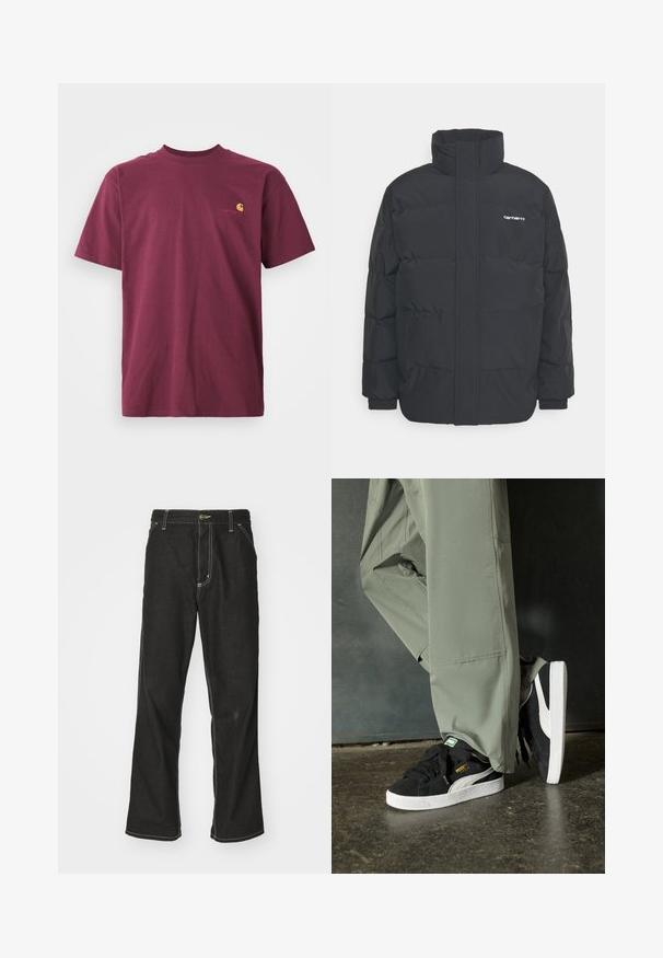 Melnā pūkainā jaka ar augstu apkakli, rāvējslēdzēja priekšpusi un elastīgām piedurknēm. Iespējama kabata un neliels logo uz krūtīm. Strukturēta virsma.; Bordo kokvilnas T-krekls ar īsām piedurknēm un noapaļotu kakla izgriezumu. Ar zelta izšūtu logotipu uz krūškurvja. Vienkāršs dizains.; Melni džinsi ar brīvu piegriezumu, ar kontrastējošu baltu diegu, pogu aizdari un taisnu kāju dizainu.; Melnas zamšādas sporta kurpes ar baltām gumijas zole un sānu svītrām, saskaņotas ar gaiši zaļām cargo biksēm, stāvot uz teksturētas tumšas virsmas.