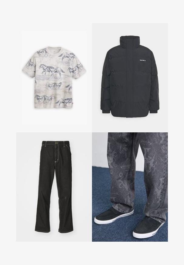Chaqueta de plumas negra con cuello alto, cierre de cremallera frontal y puños elásticos. Cuenta con un bolsillo y un pequeño logo en el pecho. Superficie texturizada.; Levi's® VINTAGE - Camiseta básica - white onyx; Jeans de mezclilla negra con un corte holgado, que cuentan con costuras blancas contrastantes, cierre de botón y un diseño de pierna recta.; Zapatillas negras sin cordones con suela blanca, texturizadas, combinadas con jeans grises que presentan un sutil diseño estampado, sobre un fondo de alfombra azul.