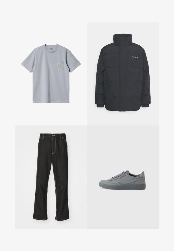 Black puffer jacket with a high collar, zip front, and elastic cuffs. Features a pocket and a small logo on the chest. Textured surface.; Gray cotton t-shirt with short sleeves, crew neck, and a chest pocket featuring a small orange logo patch. Smooth texture, casual design.; Black denim jeans with a loose fit, featuring contrasting white stitching, a button closure, and a straight leg design.; Gray suede sneakers with a smooth leather upper, featuring a textured rubber sole and classic lace-up design. Signature swoosh logo on the side.