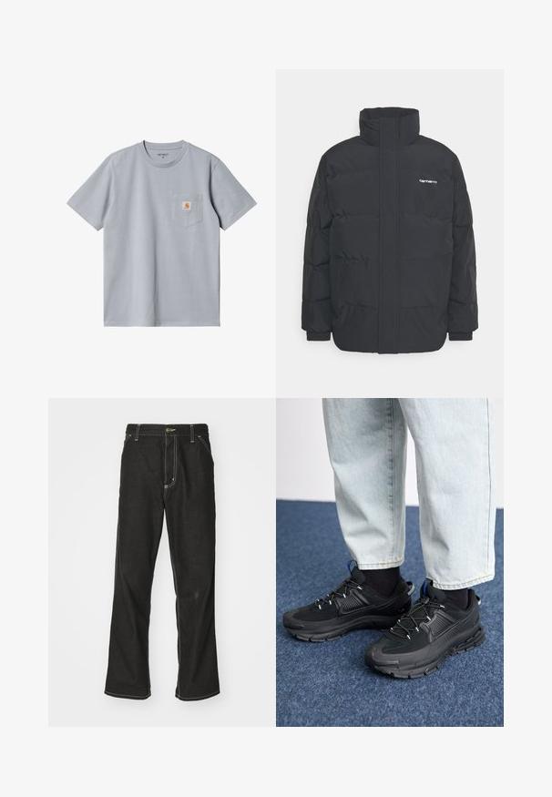 Melnā pūkainā jaka ar augstu apkakli, rāvējslēdzēja priekšpusi un elastīgām piedurknēm. Iespējama kabata un neliels logo uz krūtīm. Strukturēta virsma.; Pelēka kokvilnas T-kreklu ar īsām piedurknēm, apaļu kakla izgriezumu un krūšu kabatu, kurā ir maza oranža logo uzlīme. Gluda tekstūra, ikdienišķs dizains.; Melni džinsi ar brīvu piegriezumu, ar kontrastējošu baltu diegu, pogu aizdari un taisnu kāju dizainu.; Melni sporta apavi ar strukturētu audumu un gumijas zoli, ar elastīgām auklām un zilu akcentu uz papēža. Nēsāti ar gaišām džinsu biksēm.