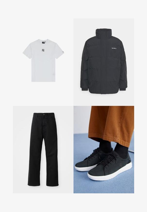 Black puffer jacket with a high collar, zip front, and elastic cuffs. Features a pocket and a small logo on the chest. Textured surface.; White cotton t-shirt featuring a black logo on the chest, a crew neckline, and short sleeves. Simple design with minimal detailing.; Black denim pants with a straight cut, featuring front pockets, a zip fly, and a single top button. Textured fabric with a matte finish.; Black suede sneakers with white rubber soles, featuring lace-up design, textured accents, and subtle branding, paired with brown pants.