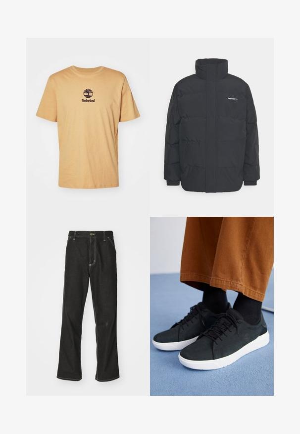 Melnā pūkainā jaka ar augstu apkakli, rāvējslēdzēja priekšpusi un elastīgām piedurknēm. Iespējama kabata un neliels logo uz krūtīm. Strukturēta virsma.; Gaiši dzeltena kokvilnas T-kreklu ar apaļu apkakli, ar tumšu koku logotipu un vārdu "Timberland" centrā zem tā. Īsās piedurknes un brīva piegriezuma.; Melni džinsi ar brīvu piegriezumu, ar kontrastējošu baltu diegu, pogu aizdari un taisnu kāju dizainu.; Melnas zamšādas kedas ar baltām gumijas zolēm, ar saistāmām auklām, tekstūrētām detaļām un diskrētu zīmolu, apvienotas ar brūniem biksēm.