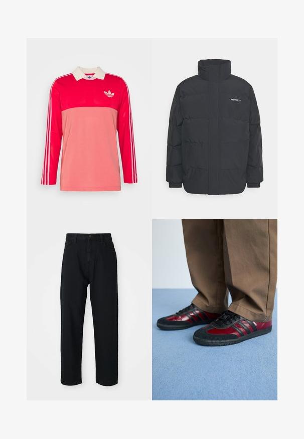 Fekete puffKabát magas nyakkal, cipzáros előlappal és rugalmas mandzsettával. Tartalmaz egy zsebet és egy kis logót a mellkason. Texturált felület.; adidas Originals ADICOLOR 70S - Hosszú ujjú felső - better scarlet; Fekete farmernadrág egyenes szabással. Klasszikus öt zsebes dizájn, gombos záródás és diszkrét szövet textúra jellemzi.; Fekete és bordó sportcipők bőr és velúr anyagból, fekete fűzővel és három fekete csíkkal az oldalon. Gumi talp.