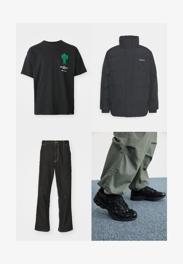 Zwarte pufferjas met een hoge kraag, rits aan de voorkant en elastische manchetten. Bevat een zak en een klein logo op de borst. Getextureerd oppervlak.; Zwarte t-shirt met korte mouwen met een groene cartooncactus en witte tekst "Conditions Gear Big Bend, Texas" op de linkerborst.; Zwarte denim jeans met een losse pasvorm, voorzien van contrasterende witte stiksels, een knoopsluiting en een recht ontwerp.; Zwarte sport sneakers met glanzende en mesh texturen, voorzien van een dikke zool en veters, gecombineerd met losse olijfgroene cargobroeken.