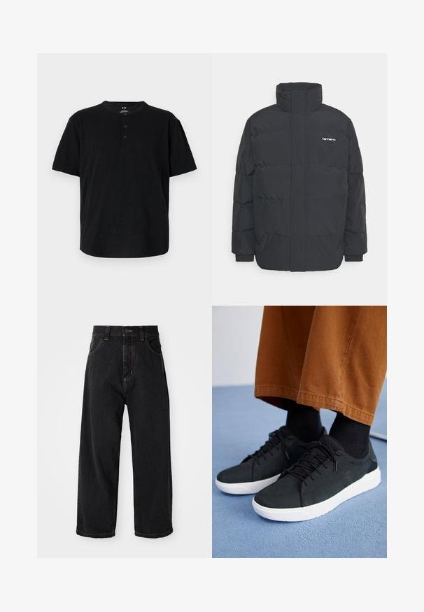 Zwarte pufferjas met een hoge kraag, rits aan de voorkant en elastische manchetten. Bevat een zak en een klein logo op de borst. Getextureerd oppervlak.; Zwarte T-shirt met korte mouwen en een ronde hals, voorzien van een drieknops-sluiting en een ontspannen pasvorm. Gemaakt van een zachte, textuurrijke stof.; Zwarte wijde denim jeans met hoge taille, voorste knoop, rits en gele stiksels op de zakken en naden.; Zwarte suède sneakers met witte rubberen zolen, voorzien van een vetersluiting ontwerp, textuuraccenten en subtiele branding, gedragen met bruine broeken.