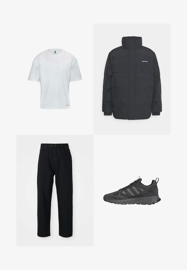 Černá zimní bunda s vysokým límcem, zipem vpředu a elastickými manžetami. Má kapsu a malé logo na hrudi. Texturovaný povrch.; Bílý bavlněný tričko s kulatým výstřihem a krátkými rukávy. Rovný střih s malým logem na boku. Hladká textura.; Černé džíny s rovným střihem. Obsahují klasický design s pěti kapsami, zapínání na knoflík a jemnou texturu látky.; Černé sportovní boty s vrchní částí z prodyšné síťoviny a semiše, texturovanou gumovou podrážkou, polstrovaným límcem a výrazným designem s třemi proužky ve šedé barvě.