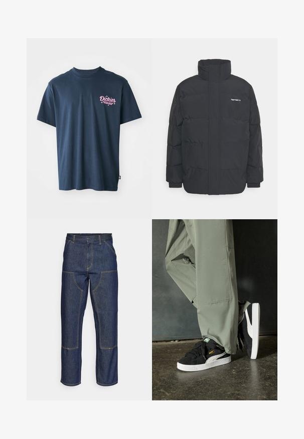 Casaco acolchoado preto com colarinho alto, fecho de correr à frente e punhos elásticos. Apresenta um bolso e um pequeno logótipo no peito. Superfície texturada.; T-shirt de algodão azul marinho com um logótipo impresso em rosa no peito, com o texto "Dickies Quality Made Workwear". Mangas curtas, corte padrão.; Jeans de ganga escura com uma cintura alta, design de perna reta, costuras em contraste e bolsos de remendo na frente.; Sapatilhas de camurça pretas com solas de borracha branca e riscas laterais, combinadas com calças de carga verde claro, em pé sobre uma superfície escura e texturizada.