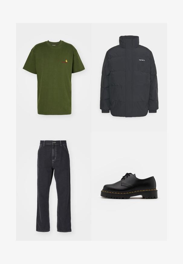 Chaqueta de plumas negra con cuello alto, cierre de cremallera frontal y puños elásticos. Cuenta con un bolsillo y un pequeño logo en el pecho. Superficie texturizada.; Carhartt WIP AMERICAN SCRIPT - Camiseta básica - tarragon; Jeans de mezclilla negra con corte recto, con cremallera, cinco bolsillos y costuras de contraste a lo largo de las costuras.; Zapato negro de cuero con cordones, punta redondeada, suela de goma texturizada y costuras amarillas alrededor de la base. Diseño plano y acabado suave.