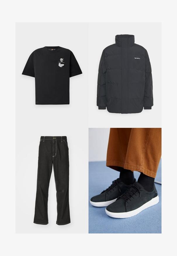 Juodas pūkinis švarkas su aukšta apykakle, užtrauktuku priekyje ir elastingomis rankovėmis. Yra kišenė ir mažas logotipas ant krūtinės. Tekstūruotas paviršius.; Juoda medvilnės marškinėliai trumpomis rankovėmis, su baltu logotipu ir grafiniu dizainu ant krūtinės. Paprastas, laisvas kirpimas.; Juodi džinsai su laisvu siluetu, turintys kontrastingas balto siūlo siūles, mygtuko uždarymą ir tiesų kojos dizainą.; Juodi zomšiniai sneakeriai su baltais guminiais padais, su raištelių uždėjimo dizainu, tekstūruotais akcentais ir subtiliu prekių ženklu, derinami su rudomis kelnėmis.