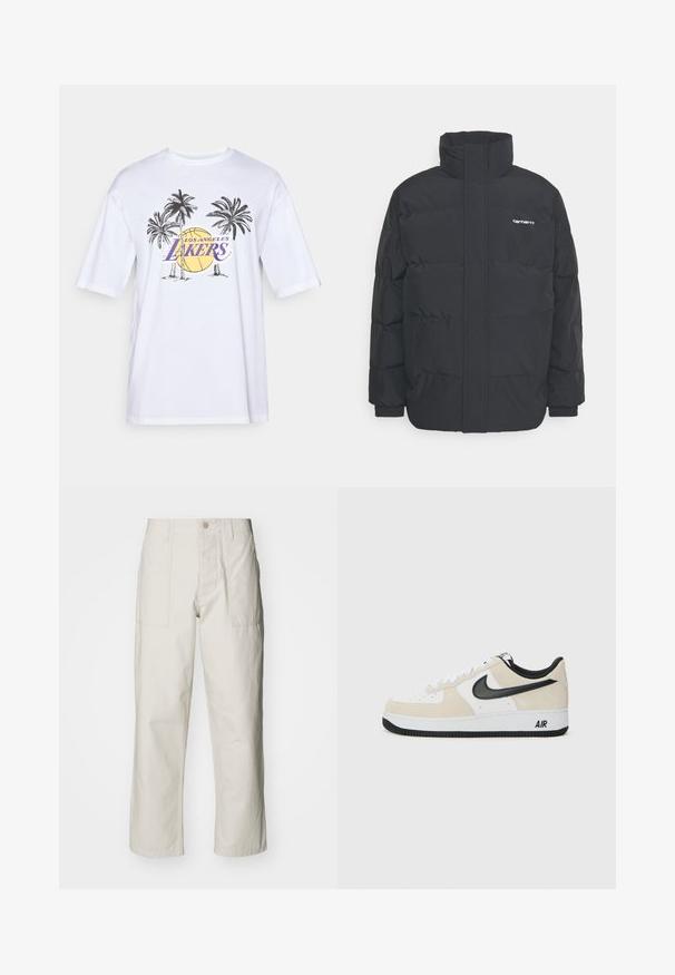Chaqueta de plumas negra con cuello alto, cierre de cremallera frontal y puños elásticos. Cuenta con un bolsillo y un pequeño logo en el pecho. Superficie texturizada.; Camiseta de algodón blanca con un logo morado de "Los Angeles Lakers", un gráfico de palmeras y una ilustración de fondo de baloncesto.; Pantalones de pierna ancha color beige claro, hechos de algodón. Cuentan con bolsillos frontales y cierre de botón. Textura suave con sutiles líneas verticales.; Zapatillas con parte superior de ante beige claro y cuero blanco, swoosh negro de Nike, acentos negros y una suela de goma blanca con la marca "AIR".