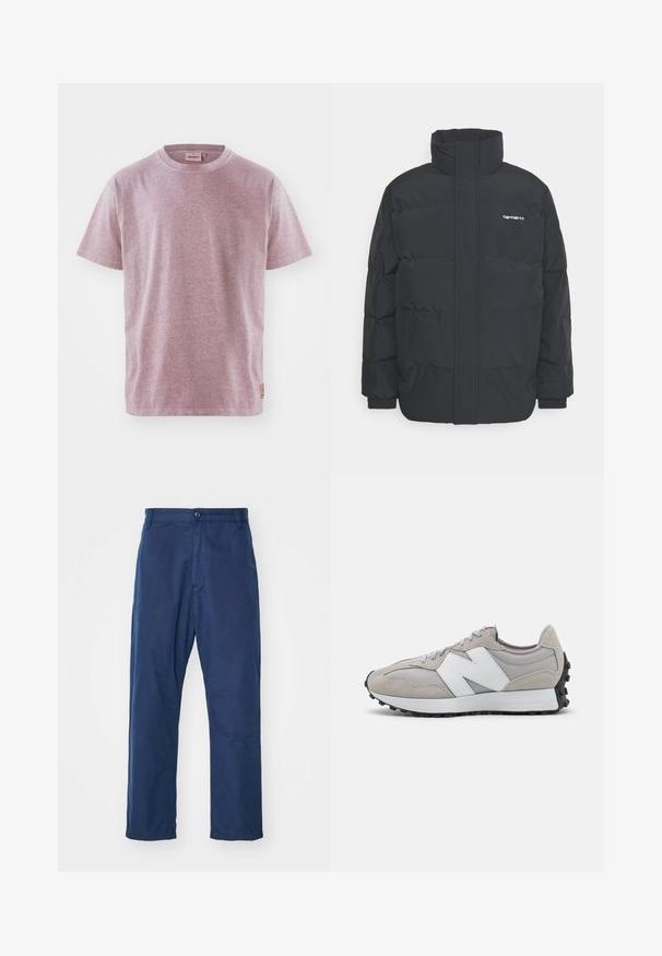 Čierna puffová bunda s vysokým golierom, zipom vpredu a elastickými manžetami. Obsahuje vrecko a malé logo na hrudi. Textúrovaný povrch.; Tričko s krátkym rukávom z heather svetloružovej látky, s okrúhlym výstrihom, na spodnom leme s malým logom. Mäkká textúra.; Námornícke modré, rovné nohavice vyrobené z bavlny. Disponujú predným zapínaním na gombík a jemnou textúrou, s bočnými vreckami a pútkami na opasok.; Sivé tenisky s kombináciou sieťoviny a semišu, s bielym logom na boku, sivými šnúrkami a čiernou gumovou podrážkou.