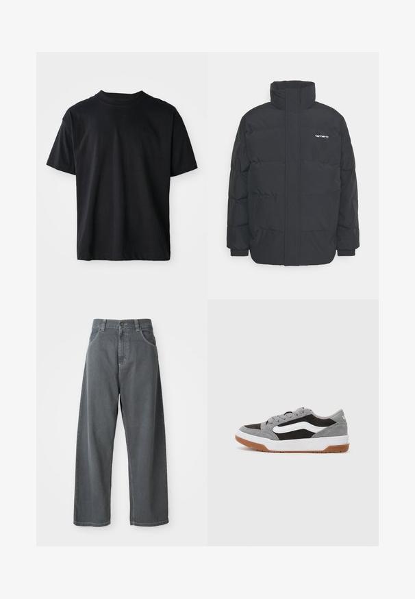 Črna puhasta jakna z visokim ovratnikom, z zadrgo spredaj in elastičnimi manšetami. Ima žep in majhen logotip na prsih. Teksturirana površina.; Črna majica s kratkimi rokavi in okroglim izrezom, izdelana iz bombaža. Standarden kroj, brez vidnih vzorcev, minimalistična zasnova s subtilno podrobnostjo logotipa.; Sive jeans širokih hlač z visokim pasom, ki vključujejo sprednje žepke, zanke za pas in gumbasto zapiranje v predelu pasu.; Sive in črne usnjene teniske z belimi poudarki in gumijastim podplatom, ki vključujejo zaobljen toe in vezalni dizajn.