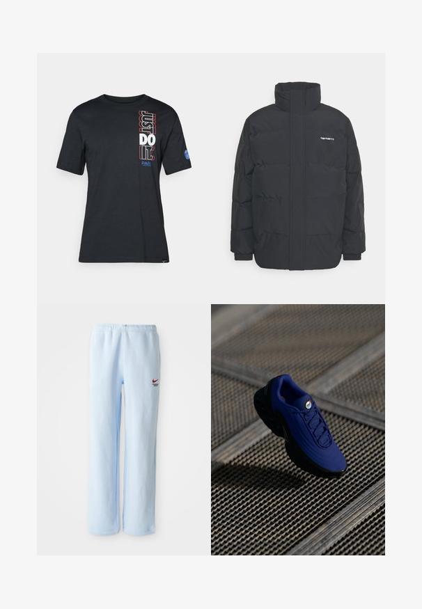 Mustam varrukas jope kõrge kaelusega, vipptõmblusega ja elastsete mansettidega. Omaduseks on tasku ja väike logo rinnal. Tekstuuritud pind.; Must mustaga t-särk lühikeste varrukatega. Esiküljel on julge vertikaalne tekst "JUST DO IT!" punase ja valgega ning sinine logo varrukal.; Heledad sinised dressipüksid elastse vaherindega, millel on väike punane Nike logo ja "Athletic Department" tekst. Pehme puuvillane materjal.; Sinine sportlik king, millel on tekstuuriga pealisosa, must talla ja paelad. Omab "air" brändingut keeles ning nähtavaid õhu-väljakutse elemente.