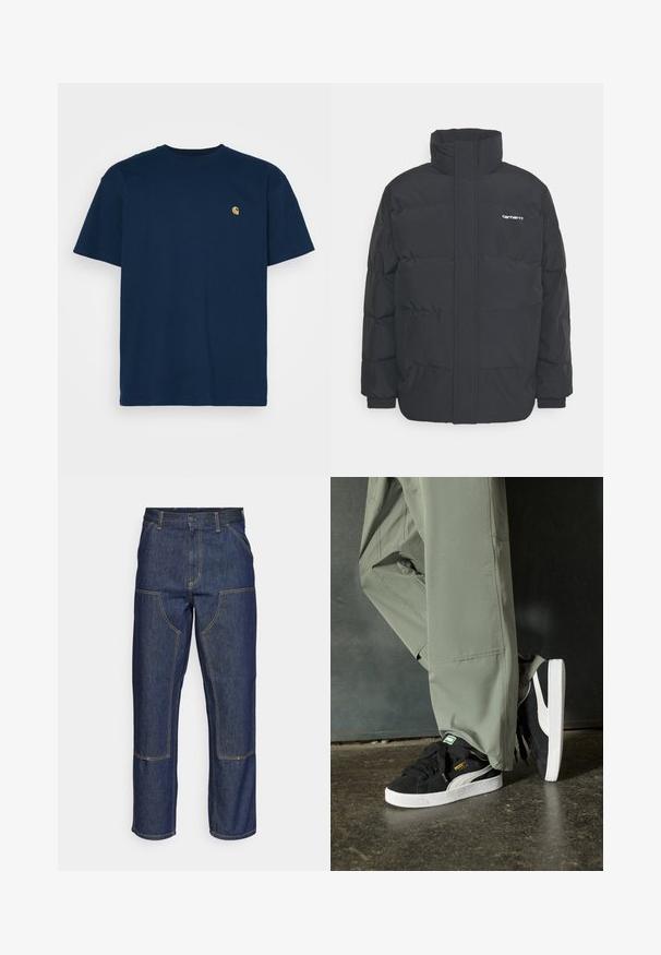 Giacca puffa nera con colletto alto, chiusura con zip frontale e polsini elastici. Presenta una tasca e un piccolo logo sul petto. Superficie testurizzata.; Carhartt WIP CHASE - T-shirt basic - mizar/gold; Jeans in denim blu scuro con vita alta, design a gamba dritta, cuciture a contrasto e tasche applicate sulla parte frontale.; Sneaker in suede nero con suole in gomma bianca e strisce laterali, abbinate a pantaloni cargo verde chiaro, in piedi su una superficie scura e texture.