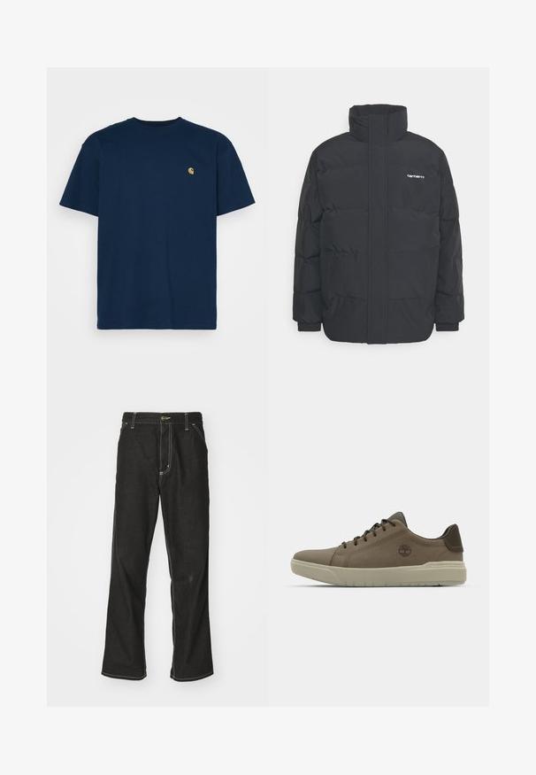 Black puffer jacket with a high collar, zip front, and elastic cuffs. Features a pocket and a small logo on the chest. Textured surface.; Carhartt WIP CHASE - Basic T-shirt - mizar/gold; Black denim jeans with a loose fit, featuring contrasting white stitching, a button closure, and a straight leg design.; Brown leather sneakers with a low profile, rubber sole, and green accents; features logo on the side and textured panels for grip.