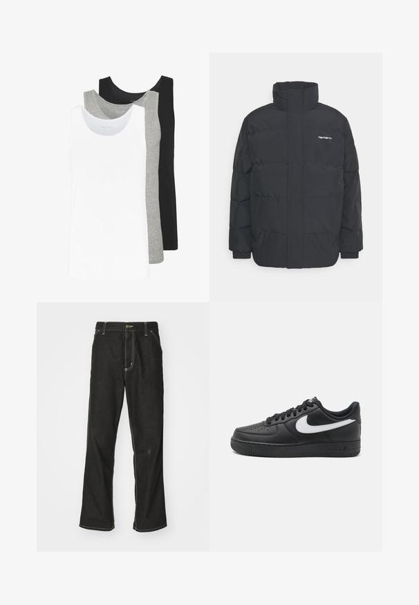 Giacca puffa nera con colletto alto, chiusura con zip frontale e polsini elastici. Presenta una tasca e un piccolo logo sul petto. Superficie testurizzata.; Tre canottiere in bianco, grigio e nero. Ognuna presenta un classico design senza maniche, realizzata in leggero cotone con una texture a costine.; Jeans in denim nero con una vestibilità ampia, caratterizzati da cuciture bianche a contrasto, chiusura a bottone e un design a gamba dritta.; Sneaker Nike Air Force 1 nere con tomaia in pelle liscia, accentuato da un logo bianco, punta perforata e suola in gomma testurizzata.