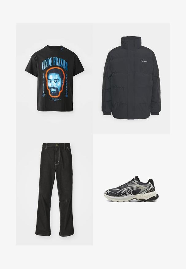 Musta puhvijaakku korkealla kauluksella, vetoketjukiinnitys edessä ja joustavat hihansuut. Varustettu taskulla ja pienellä logolla rintakehässä. Rakeinen pinta.; Musta puuvillapaita, jossa on Clyde Frazierin kasvokuva oranssilla ääriviivalla ja sininen teksti "SWISHING" ja "DISHING."; Mustat farkut, joissa on löysä istuvuus, erottuva valkoinen ompelu, nappikiinnitys ja suora lahje.; Musta urheilujalkine, jossa on verkko- ja synteettisiä päällysteitä, varustettuna pehmustetulla kauluksella, tekstuurilla varustetulla pohjalla ja hopeisilla yksityiskohdilla virtaviivaisessa muotoilussa.