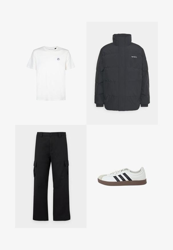 Schwarze Daunenjacke mit hohem Kragen, Reißverschluss vorne und elastischen Bündchen. Verfügt über eine Tasche und ein kleines Logo auf der Brust. Strukturiert Oberfläche.; Weißes Baumwoll-T-Shirt mit rundem Ausschnitt und kurzen Ärmeln. Verfügt über ein kleines rundes Logo im oberen linken Brustbereich.; Schwarze Cargo-Hosen mit geradem Bein Design. Hergestellt aus strapazierfähigem Stoff, mit zwei Seitentaschen mit Klappen und einem Knopfverschluss.; Weißer Sneaker mit grauem Wildlederzehenkappen, schwarzem Drei-Strich-Design und brauner Gummisohle. Verfügt über eine Schnürung vorne und einen gepolsterten Kragen.