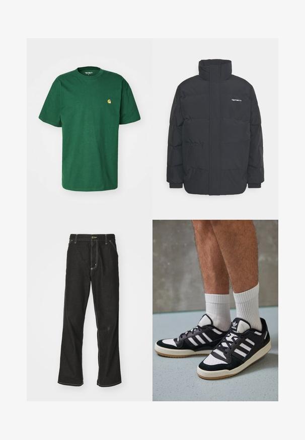 Black puffer jacket with a high collar, zip front, and elastic cuffs. Features a pocket and a small logo on the chest. Textured surface.; Carhartt WIP CHASE - Basic T-shirt - sycamore tree/gold; Black denim jeans with a loose fit, featuring contrasting white stitching, a button closure, and a straight leg design.; Black and white sneakers with a suede and leather upper, featuring three white stripes, a perforated toe, and a gum rubber sole.
