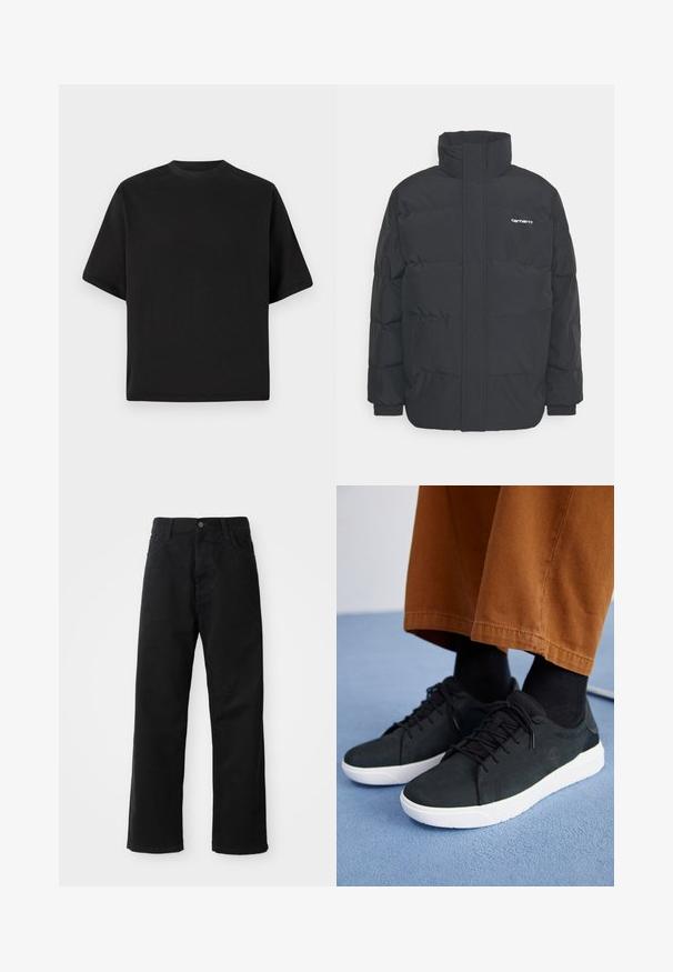 Black puffer jacket with a high collar, zip front, and elastic cuffs. Features a pocket and a small logo on the chest. Textured surface.; Black short-sleeve T-shirt in a loose fit, made of smooth cotton, featuring a round neckline and minimalistic design.; Black denim pants with a straight cut, featuring front pockets, a zip fly, and a single top button. Textured fabric with a matte finish.; Black suede sneakers with white rubber soles, featuring lace-up design, textured accents, and subtle branding, paired with brown pants.