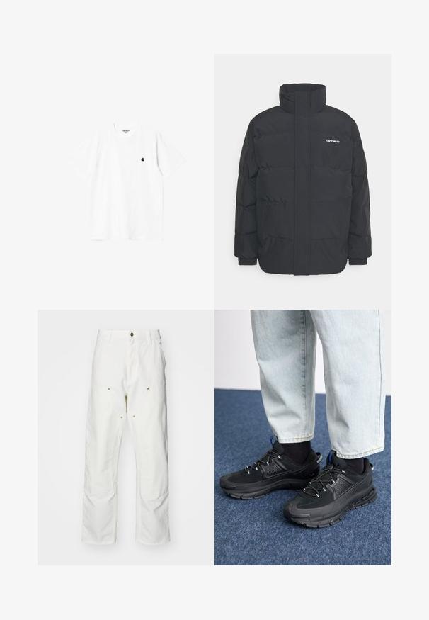 Casaco acolchoado preto com colarinho alto, fecho de correr à frente e punhos elásticos. Apresenta um bolso e um pequeno logótipo no peito. Superfície texturada.; T-shirt de algodão branco com mangas curtas, gola redonda e um pequeno logótipo preto no lado esquerdo do peito. Textura suave e corte padrão.; Calças cargo brancas em algodão com um corte descontraído. As características incluem bolsos frontais, detalhes em metal dourado e áreas de joelhos reforçadas.; Sapatilhas desportivas pretas com tecido texturizado e solas em borracha, apresentando atacadores elásticos e um detalhe azul no calcanhar. Usadas com calças de ganga claras.