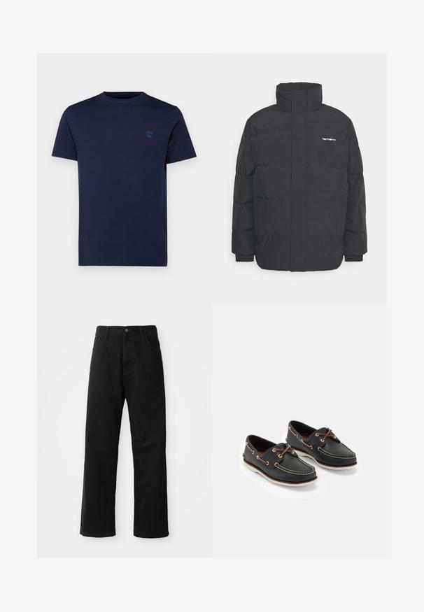 Giacca puffa nera con colletto alto, chiusura con zip frontale e polsini elastici. Presenta una tasca e un piccolo logo sul petto. Superficie testurizzata.; T-shirt in cotone blu navy con collo rotondo, maniche corte e un piccolo logo ricamato sul petto. Texture liscia, vestibilità regolare.; Pantaloni in denim nero con taglio dritto, caratterizzati da tasche frontali, chiusura con zip e un singolo bottone superiore. Tessuto testurizzato con finitura opaca.; Scarpe da barca in pelle blu navy con cuciture gialle, lacci rossi e occhielli argentati; punta tonda; suola in gomma bianca.