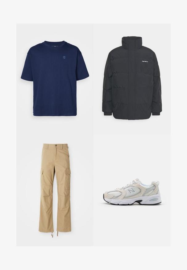 Chaqueta de plumas negra con cuello alto, cierre de cremallera frontal y puños elásticos. Cuenta con un bolsillo y un pequeño logo en el pecho. Superficie texturizada.; Camiseta de algodón de color azul marino con cuello redondo, mangas cortas y un pequeño logo tonal en el pecho. Corte casual, textura suave.; Pantalones cargo caqui hechos de un tejido duradero, con múltiples bolsillos laterales, un diseño de pierna recta y cuerdas ajustables en el dobladillo.; Zapatilla deportiva con parte superior de malla gris claro y acentos de ante, cordones blancos y suela de goma negra. Detalle notable de amortiguación ABZORB.