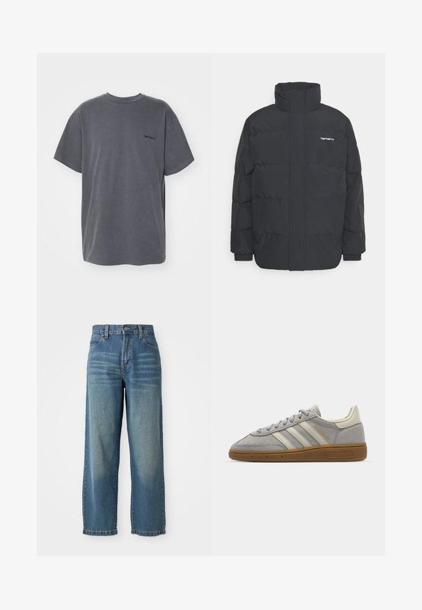 Czarna kurtka puchowa z wysoką kołnierzem, zamkiem z przodu i elastycznymi mankietami. Posiada kieszeń oraz małe logo na piersi. Teksturowana powierzchnia.; Carhartt WIP - T-shirt basic; Jasnoniebieskie dżinsowe spodnie o szerokim kroju z wysokim stanem, pięcioma kieszeniami i lekko wyblakłym wykończeniem. Posiadają zapięcie na guziki i zamek błyskawiczny.; Szare zamszowe trampki z jasnoszarymi skórzanymi paskami i gumową podeszwą. Wśród cech znajduje się zapięcie na sznurowadła oraz subtelna marka na języku.