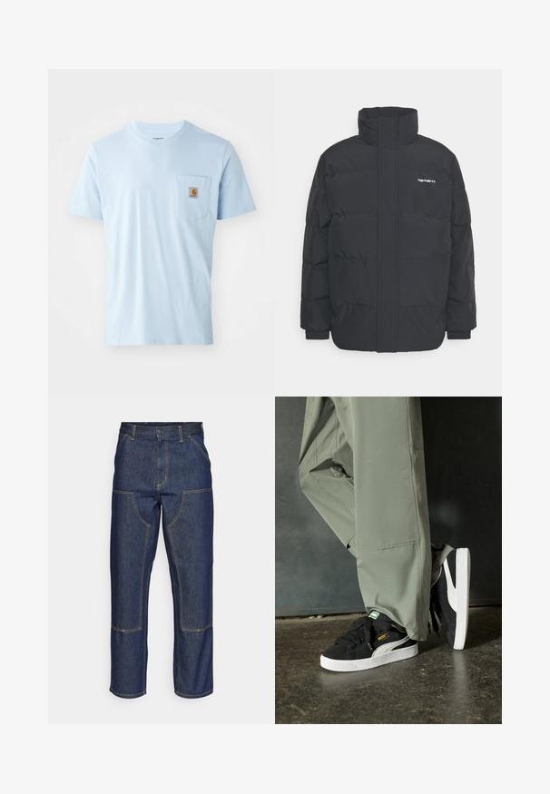 Casaco acolchoado preto com colarinho alto, fecho de correr à frente e punhos elásticos. Apresenta um bolso e um pequeno logótipo no peito. Superfície texturada.; Camiseta de algodão azul claro com decote redondo, mangas curtas e um bolso no peito com um pequeno emblema em forma de quadrado.; Jeans de ganga escura com uma cintura alta, design de perna reta, costuras em contraste e bolsos de remendo na frente.; Sapatilhas de camurça pretas com solas de borracha branca e riscas laterais, combinadas com calças de carga verde claro, em pé sobre uma superfície escura e texturizada.