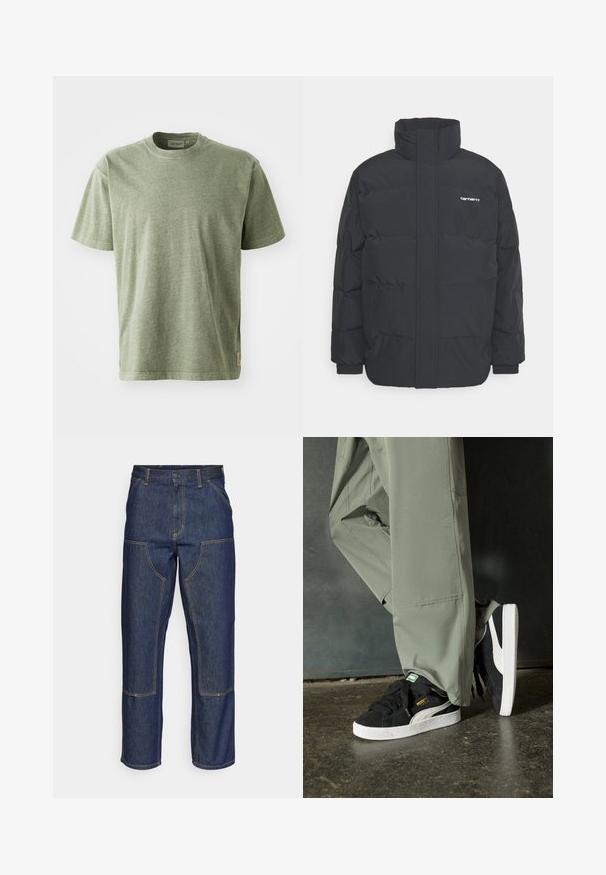 Čierna puffová bunda s vysokým golierom, zipom vpredu a elastickými manžetami. Obsahuje vrecko a malé logo na hrudi. Textúrovaný povrch.; Olivezelené bavlnené tričko s krátkymi rukávmi, okrúhlym výstrihom a jemnou textúrou. Obsahuje malú logovú nášivku na boku.; Tmavomodré denimové džínsy s vysokým pásom, rovného strihu, kontrastným prešívaním a vreckami na prednej strane.; Čierne semišové tenisky s bielymi gumovými podrážkami a postrannými prúžkami, v kombinácii s svetlozelenými cargo nohavicami, stojace na textúrovanom tmavom povrchu.