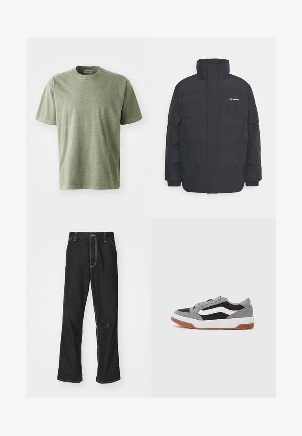 Melnā pūkainā jaka ar augstu apkakli, rāvējslēdzēja priekšpusi un elastīgām piedurknēm. Iespējama kabata un neliels logo uz krūtīm. Strukturēta virsma.; Oluļzaļš kokvilnas T-krekls ar īsām piedurknēm, apaļu kakla izgriezumu un smalku tekstūru. Tam ir maza zīmola marķējuma birka sānos.; Melni džinsi ar brīvu piegriezumu, ar kontrastējošu baltu diegu, pogu aizdari un taisnu kāju dizainu.; Pelēki un melni zamša sporta apavi ar baltām akcentiem un gumijas zoli, ar noapaļotu purngalu un šņorēšanas dizainu.
