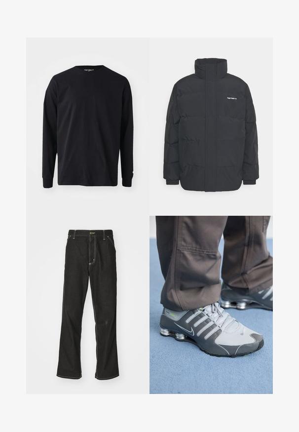 Zwarte pufferjas met een hoge kraag, rits aan de voorkant en elastische manchetten. Bevat een zak en een klein logo op de borst. Getextureerd oppervlak.; Zwart langarm t-shirt van katoen, met een ronde halslijn en rechte snit, voorzien van een klein logo detail op de mouw.; Zwarte denim jeans met een losse pasvorm, voorzien van contrasterende witte stiksels, een knoopsluiting en een recht ontwerp.; Grijze en zilveren Nike Shox sneakers hebben een strakke uitstraling, met een combinatie van mesh en synthetische materialen, een ronde neus en een gevoerde kraag.