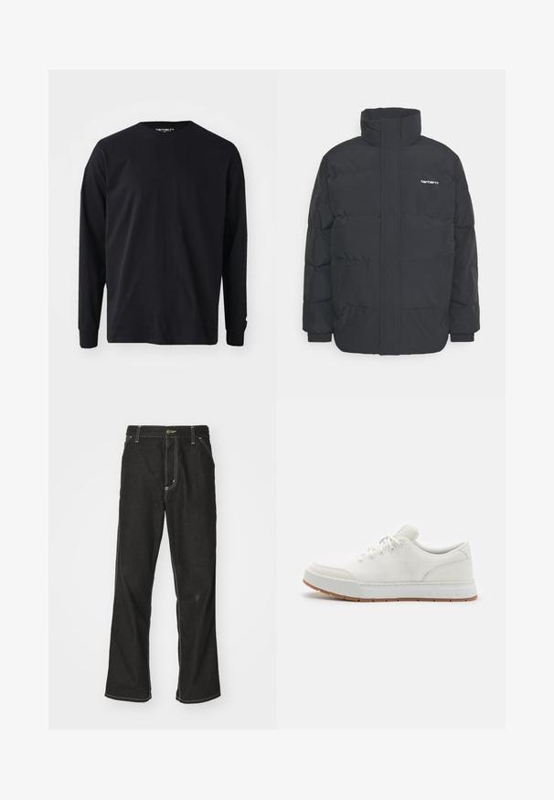 Zwarte pufferjas met een hoge kraag, rits aan de voorkant en elastische manchetten. Bevat een zak en een klein logo op de borst. Getextureerd oppervlak.; Zwart langarm t-shirt van katoen, met een ronde halslijn en rechte snit, voorzien van een klein logo detail op de mouw.; Zwarte denim jeans met een losse pasvorm, voorzien van contrasterende witte stiksels, een knoopsluiting en een recht ontwerp.; Witte sportschoenen met een bovenwerk van mesh, ronde neus en rubberen zool met een gestructureerd patroon. Voorzien van platte veters en subtiele branding op de hiel.
