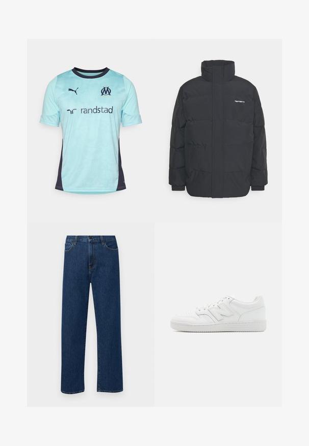 Casaco acolchoado preto com colarinho alto, fecho de correr à frente e punhos elásticos. Apresenta um bolso e um pequeno logótipo no peito. Superfície texturada.; Camisa de futebol de mangas curtas azul claro com detalhes em azul marinho escuro, apresentando um padrão texturizado, gola redonda e logótipos no peito e nas mangas.; Jeans de denim azul escuro, de perna reta, com bolsos frontais e fecho de botão, exibidos sobre um fundo branco liso.; Sapatilha branca feita de couro liso, com bico perfurado, sola de borracha texturizada, atacadores planos e um destacado logotipo 'N' na lateral.