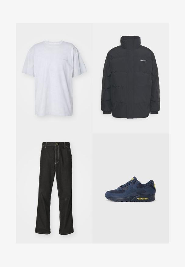 Zwarte pufferjas met een hoge kraag, rits aan de voorkant en elastische manchetten. Bevat een zak en een klein logo op de borst. Getextureerd oppervlak.; Carhartt WIP DUSTER SCRIPT - T-shirt basic - basalt; Zwarte denim jeans met een losse pasvorm, voorzien van contrasterende witte stiksels, een knoopsluiting en een recht ontwerp.; Marineblauwe Nike Air Max sneakers met een bovenwerk van suede en mesh, voorzien van gele accenten, vetersluiting aan de voorkant en zichtbare luchtvering in de zool.