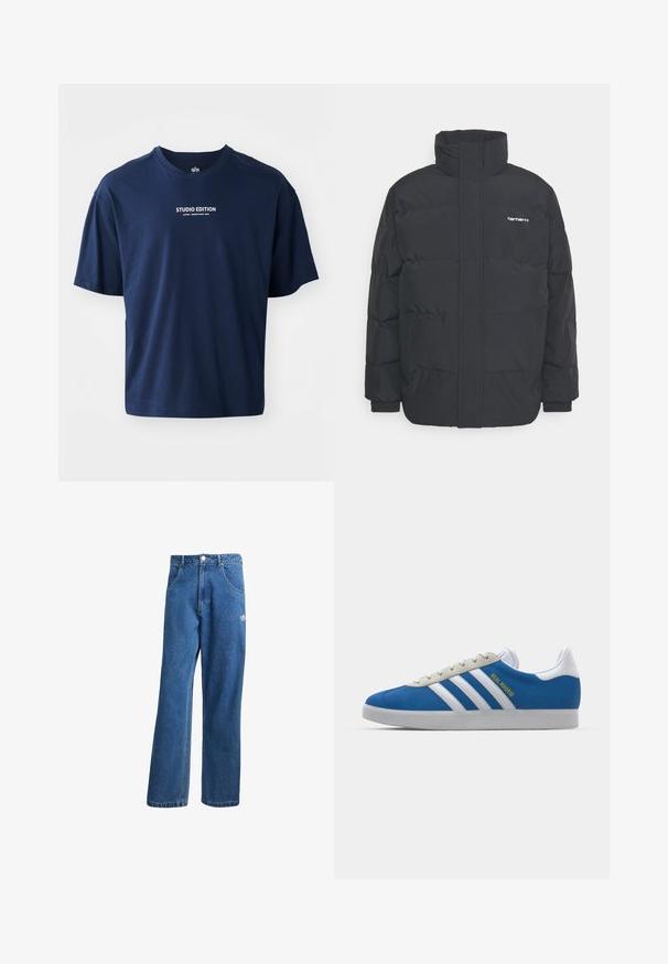 Zwarte pufferjas met een hoge kraag, rits aan de voorkant en elastische manchetten. Bevat een zak en een klein logo op de borst. Getextureerd oppervlak.; Marineblauw T-shirt met korte mouwen van katoen, met een ronde halslijn en witte tekst "STUDIO EDITION" op de voorkant.; Blauwe hoge taille wijde spijkerbroek met voorzakken, riemlussen, knoopsluiting en klein Adidas-logo op de rechterdij.; adidas Originals ADIDAS GAZELLE SHOES - Zaalvoetbalschoenen - real madrid/bluebird/footwear white/crew yellow