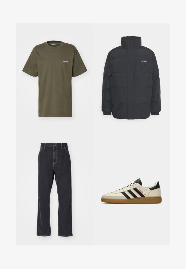 Černá zimní bunda s vysokým límcem, zipem vpředu a elastickými manžetami. Má kapsu a malé logo na hrudi. Texturovaný povrch.; Olive zelené tričko s krátkým rukávem vyrobené z bavlny, s kulatým výstřihem a malým bílým logem tištěným na levé části hrudi.; Černé džínové kalhoty se středním střihem nohavic, se zipem v rozkroku, pěti kapsami a kontrastním prošíváním podél švů.; Krémové a černé tenisky Adidas Spezial s gumovou podrážkou, černými proužky, červeným prošíváním a nápisem "Spezial" na boku.