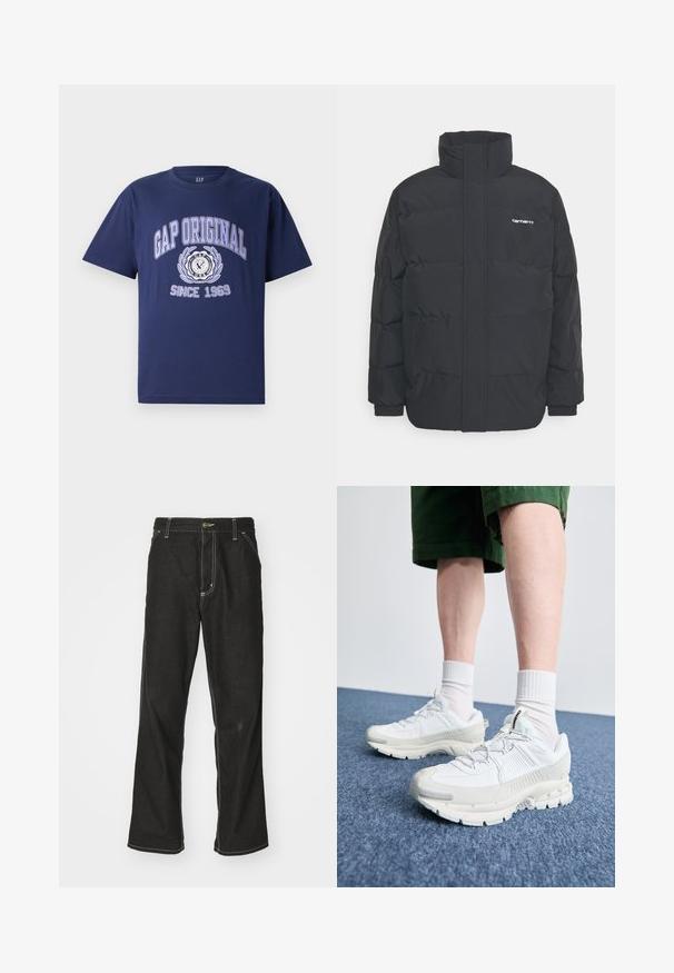Casaco acolchoado preto com colarinho alto, fecho de correr à frente e punhos elásticos. Apresenta um bolso e um pequeno logótipo no peito. Superfície texturada.; T-shirt de algodão azul-marinho com mangas curtas, apresentando o texto "GAP ORIGINAL" e design gráfico, emblema circular e "DESDE 1969" abaixo.; Calças de ganga pretas de corte largo, com costuras brancas em contraste, fecho de botão e design de perna reta.; Sapatos atléticos brancos com sobreposições texturizadas, sola espessa e detalhes em cinza. Usados com meias brancas até ao tornozelo e calções verdes sobre uma superfície azul.