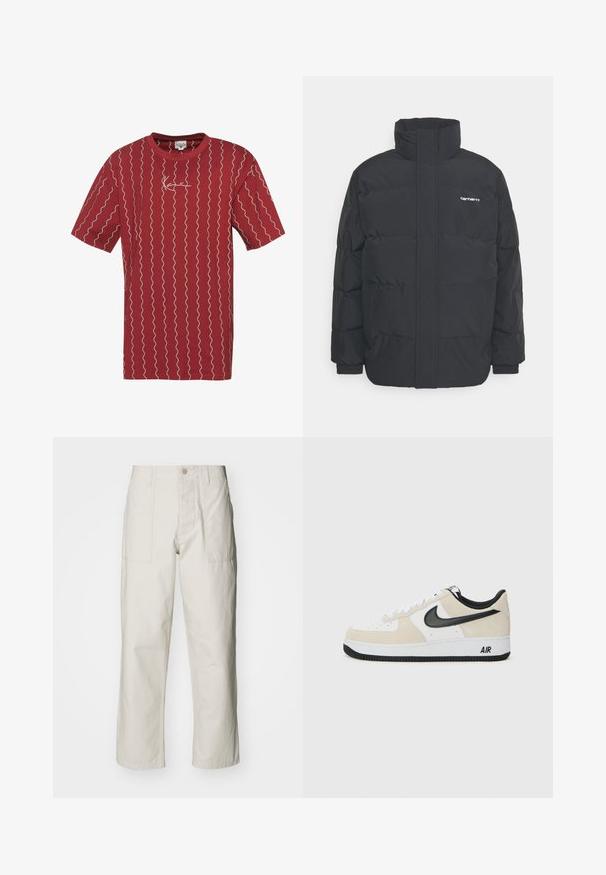 Črna puhasta jakna z visokim ovratnikom, z zadrgo spredaj in elastičnimi manšetami. Ima žep in majhen logotip na prsih. Teksturirana površina.; Rdeča bombažna majica s kratkimi rokavi, ki prikazuje bele valovite črte in majhne izšite logotip na prsih. Ima okroglo izrez.; Svetlo bež široke hlače iz bombaža. Imajo sprednje žepe in gumbasto zapiranje. Gladka tekstura z subtilnimi navpičnimi črtami.; Tenisice z svetlo bež semenom in belim usnjem, črnim Nike znak, črnimi detajli in belim gumijastim podplatom z oznako "AIR".