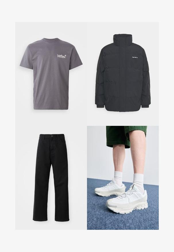 Schwarze Daunenjacke mit hohem Kragen, Reißverschluss vorne und elastischen Bündchen. Verfügt über eine Tasche und ein kleines Logo auf der Brust. Strukturiert Oberfläche.; Graues Baumwoll-T-Shirt mit Rundhalsausschnitt und kurzen Ärmeln, mit weißem "Witopia"-Logo auf der linken Brustseite bedruckt.; Schwarze Jeans mit geradem Schnitt, ausgestattet mit Fronttaschen, einem Reißverschluss und einem einzelnen oberen Knopf. Texturiert mit matter Oberfläche.; Weiße Sportschuhe mit strukturierten Überzügen, einer dicken Sohle und grauen Akzenten. Tragen mit weißen Crew-Socken und grünen Shorts auf einer blauen Oberfläche.