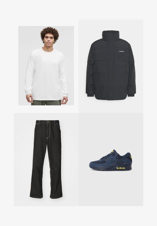 Fekete puffKabát magas nyakkal, cipzáros előlappal és rugalmas mandzsettával. Tartalmaz egy zsebet és egy kis logót a mellkason. Texturált felület.; Fehér, hosszú ujjú póló kerek nyakkivágással, puha anyagból készült, laza szabású, látható logók vagy minták nélkül.; Fekete farmernadrág laza szabással, kontrasztos fehér varrással, gombos záródással és egyenes lábmegoldással.; Sötétkék Nike Air Max sportcipők, velúr és hálós felsőrésszel, sárga részletekkel, fűzős előlappal és látható légkamrával a talpában.