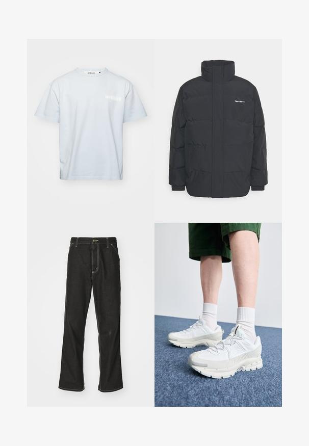 Mustam varrukas jope kõrge kaelusega, vipptõmblusega ja elastsete mansettidega. Omaduseks on tasku ja väike logo rinnal. Tekstuuritud pind.; MISBHV COMMUNITY OCEAN WASHED - Trükipildiga T-särk - blue; Mustadest denimist püksid, lahtise lõikega, kontrastsete valgete õmblustega, nööbiga kinnitamine ja sirge säär.; Valged sportsijalatsid tekstuursete pealsete, kopsaka tallaga ja hallide aktsentidega. Kanda valgete lühikeste sokkidega ja roheliste lühikeste pükstega sinisel pinnal.