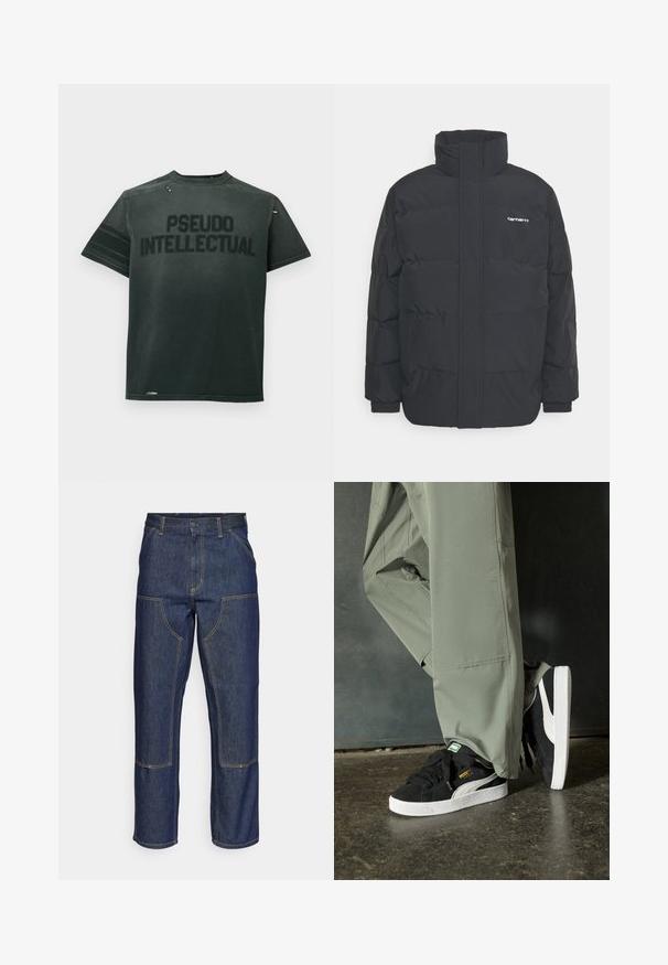 Musta puhvijaakku korkealla kauluksella, vetoketjukiinnitys edessä ja joustavat hihansuut. Varustettu taskulla ja pienellä logolla rintakehässä. Rakeinen pinta.; Mustat puuvillapaitat, joissa on rohkeat "PSEUDO INTELLECTUAL" -kirjaimet. Lyhyet hihakkeet, pyöreä kaula-aukko ja kuluneita yksityiskohtia kauluksen lähellä.; Tummansiniset farkut, joissa on korkea vyötärö, suora lahje, eriväriset ompeleet ja etupuolella pakki-taskut.; Mustat mokkakengät, joissa on valkoiset kumipohjat ja sivuraitoja, yhdistettynä vaaleanvihreisiin cargo-housuihin, seisoen tummalla teksturoidulla pinnalla.