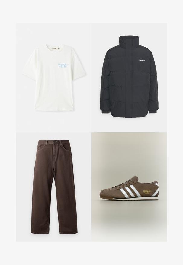Casaco acolchoado preto com colarinho alto, fecho de correr à frente e punhos elásticos. Apresenta um bolso e um pequeno logótipo no peito. Superfície texturada.; T-shirt de algodão branco com um corte solto, apresentando um decote redondo. Mostra um design de texto azul claro no lado superior esquerdo. Tecido texturizado.; Calças largas castanhas feitas de algodão, com um desenho clássico de cinco bolsos, fecho zip e detalhes de costura visíveis.; Sapatilha em camurça castanha com três riscas brancas, sola de borracha plana, biqueira redonda e logótipo dourado "adidas Italia" do lado.