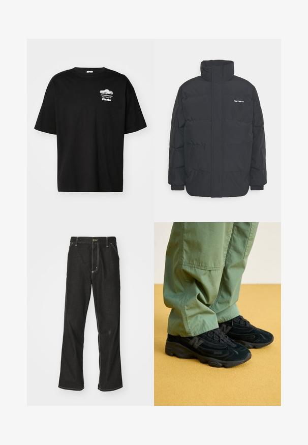 Musta puhvijaakku korkealla kauluksella, vetoketjukiinnitys edessä ja joustavat hihansuut. Varustettu taskulla ja pienellä logolla rintakehässä. Rakeinen pinta.; Mustat puuvillaiset t-paidat, joissa on lyhyet hihat, ja joissa on valkoinen Porsche Turbo -grafiikka sekä ruudullinen kuvio rinnassa.; Mustat farkut, joissa on löysä istuvuus, erottuva valkoinen ompelu, nappikiinnitys ja suora lahje.; Mustat New Balance -lenkkarit, joissa on teksturoitu päällinen, silmiinpistävä logo ja pehmustettu pohja, yhdistettynä löysiin vihreisiin housuihin.