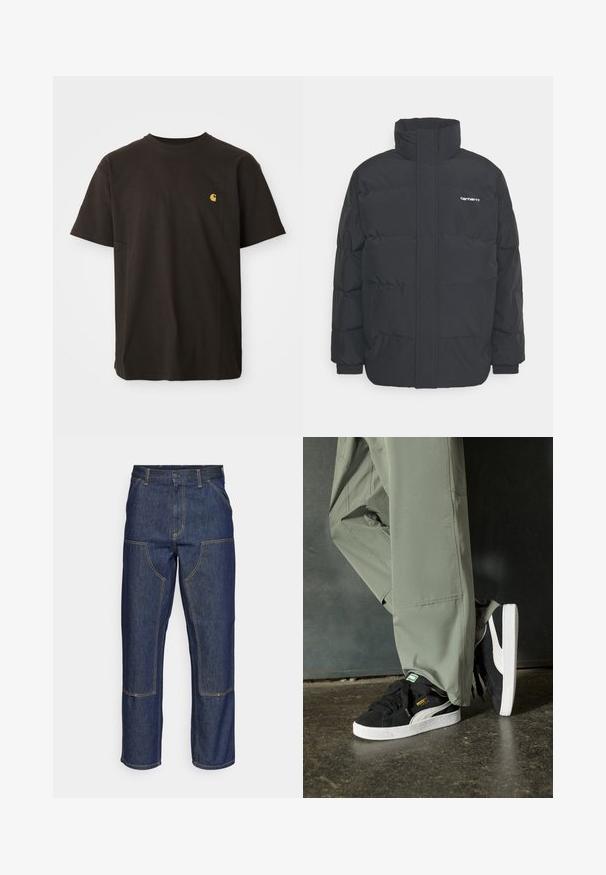 Črna puhasta jakna z visokim ovratnikom, z zadrgo spredaj in elastičnimi manšetami. Ima žep in majhen logotip na prsih. Teksturirana površina.; Črna bombažna majica s krožnim izrezom, kratkimi rokavi in majhnim rumenim logotipom na prsih. Klasičen kroj z gladko teksturo.; Temno modri kavbojke z visokim pasom, ravnim krojem, kontrastnim šivom in žepekami na sprednji strani.; Črne semšaste športne copate z belimi gumijastimi podplati in stranskimi črtami, v kombinaciji s svetlo zelenimi cargo hlačami, ki stojijo na teksturirani temni površini.