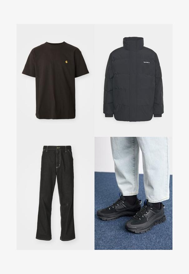 Giacca puffa nera con colletto alto, chiusura con zip frontale e polsini elastici. Presenta una tasca e un piccolo logo sul petto. Superficie testurizzata.; T-shirt in cotone nero con scollatura rotonda, maniche corte e un piccolo logo giallo sul petto. Vestibilità classica con una texture liscia.; Jeans in denim nero con una vestibilità ampia, caratterizzati da cuciture bianche a contrasto, chiusura a bottone e un design a gamba dritta.; Scarpe sportive nere con tessuto testurizzato e suole in gomma, dotate di lacci elastici e un accento blu sul tallone. Indossate con pantaloni in denim chiaro.