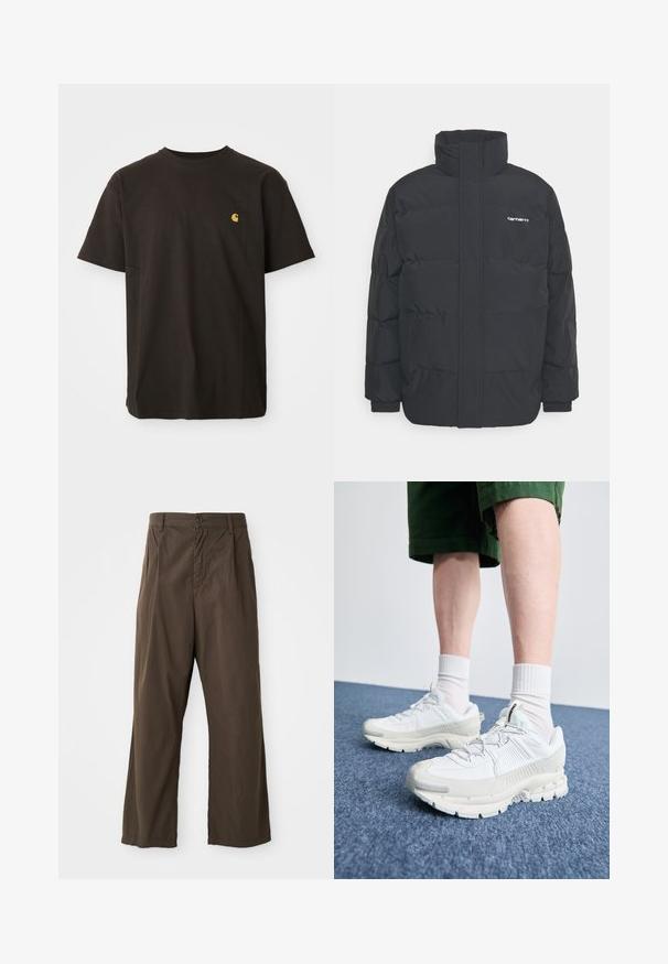 Czarna kurtka puchowa z wysoką kołnierzem, zamkiem z przodu i elastycznymi mankietami. Posiada kieszeń oraz małe logo na piersi. Teksturowana powierzchnia.; Czarna bawełniana koszulka z okrągłym dekoltem, krótkimi rękawami i małym żółtym logo na piersi. Klasyczny krój o gładkiej fakturze.; Brązowe, szerokie spodnie wykonane z bawełny, z zapięciem na guzik z przodu, szlufkami na pasek oraz gładką, matową fakturą.; Białe buty sportowe z teksturowanymi nakładkami, masywną podeszwą i szarymi akcentami. Nosi się je z białymi skarpetami do kostek i zielonymi szortami na niebieskiej powierzchni.