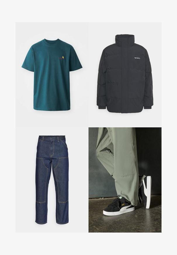 Black puffer jacket with a high collar, zip front, and elastic cuffs. Features a pocket and a small logo on the chest. Textured surface.; Teal cotton t-shirt with short sleeves, crew neck, and a small embroidered logo in yellow and red on the left chest.; Dark blue denim jeans with a high waist, straight leg design, contrasting stitching, and patch pockets on the front.; Black suede sneakers with white rubber soles and side stripes, paired with light green cargo pants, standing on a textured dark surface.