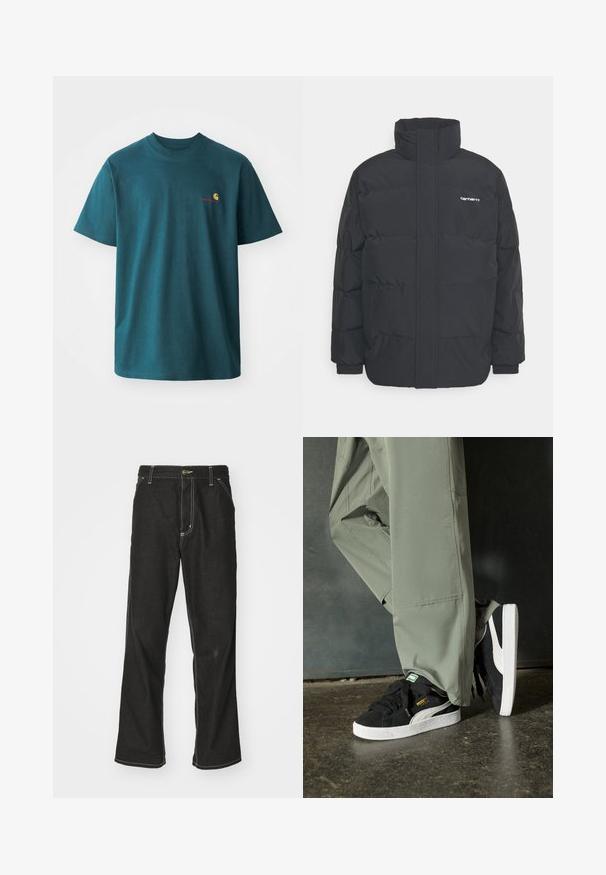 Black puffer jacket with a high collar, zip front, and elastic cuffs. Features a pocket and a small logo on the chest. Textured surface.; Teal cotton t-shirt with short sleeves, crew neck, and a small embroidered logo in yellow and red on the left chest.; Black denim jeans with a loose fit, featuring contrasting white stitching, a button closure, and a straight leg design.; Black suede sneakers with white rubber soles and side stripes, paired with light green cargo pants, standing on a textured dark surface.